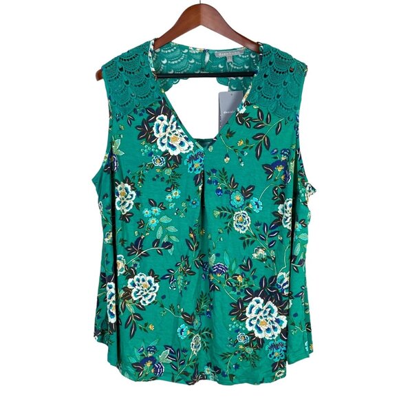 Daniel Rainn Women's Green Floral Flow Tank with Crochet Neckline Size 2X - Picture 1 of 6